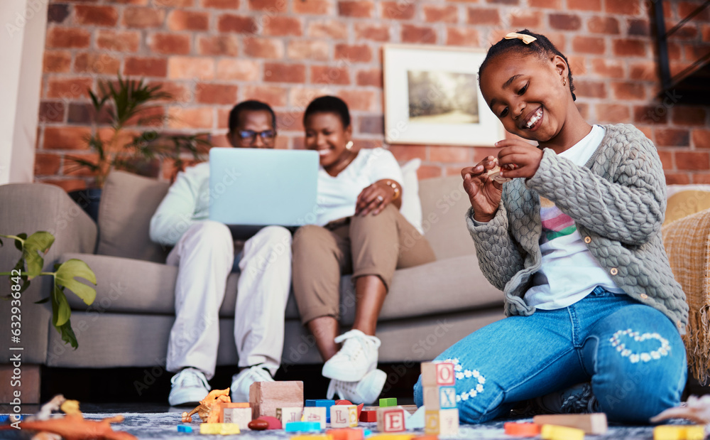 Playing, smile and a child with building blocks and parents on the sofa with a laptop in a house. Ha