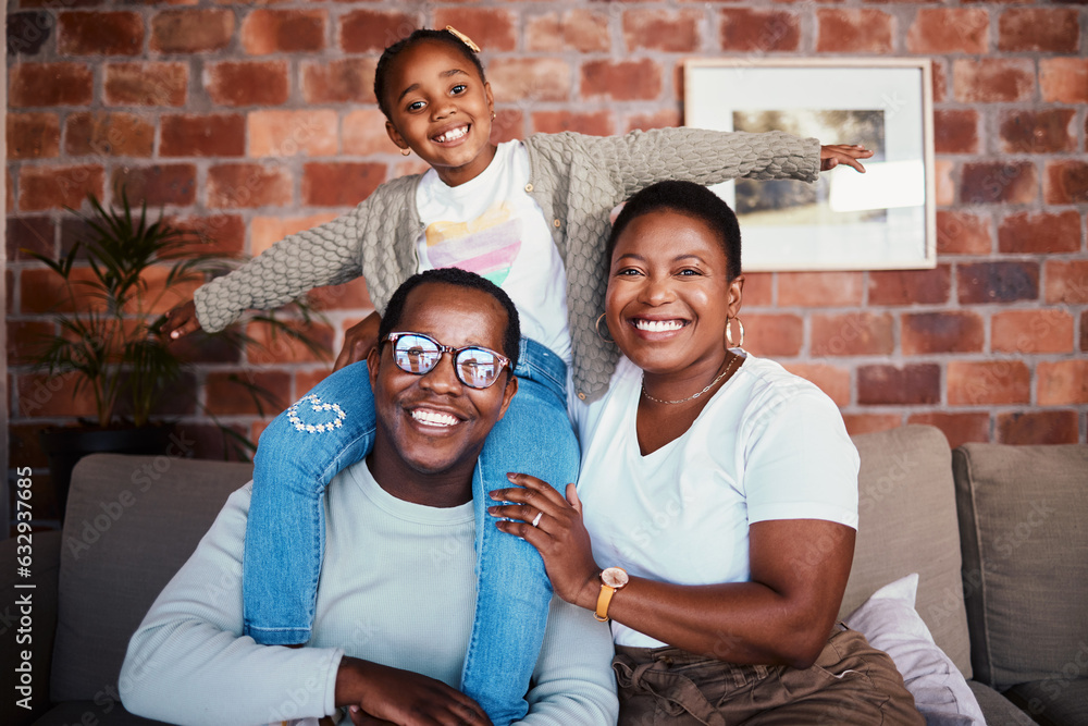 Portrait of black family in home, parents and kid on sofa with piggy back, bonding and relax in loun