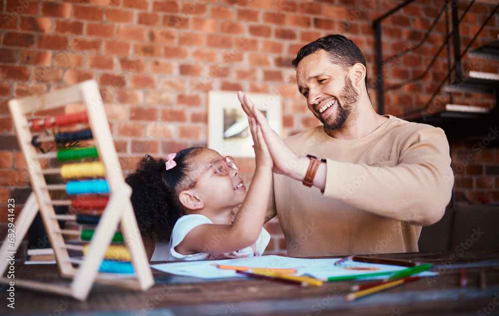 Homework high five, happy and father with child for success in math, counting or a project. Home, ce