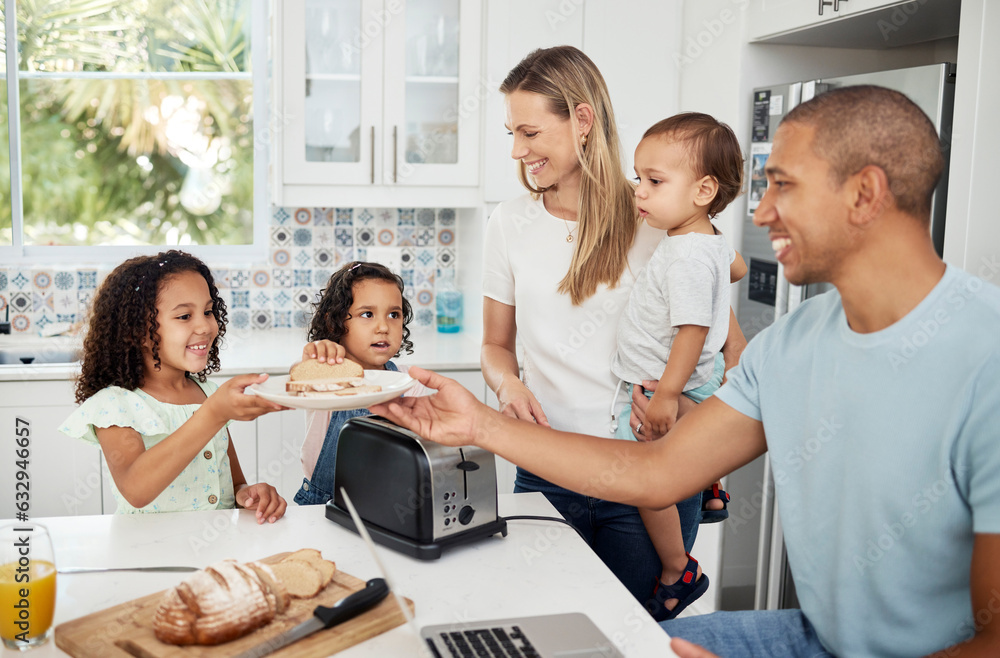 Mom, dad and kids with toast, breakfast and happy in kitchen with interracial love, bonding and care