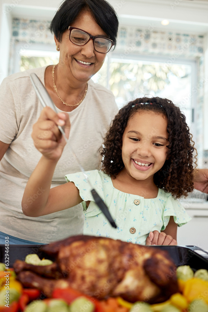 Kitchen, food and a grandmother cooking with her grandchild in their home together for thanksgiving.