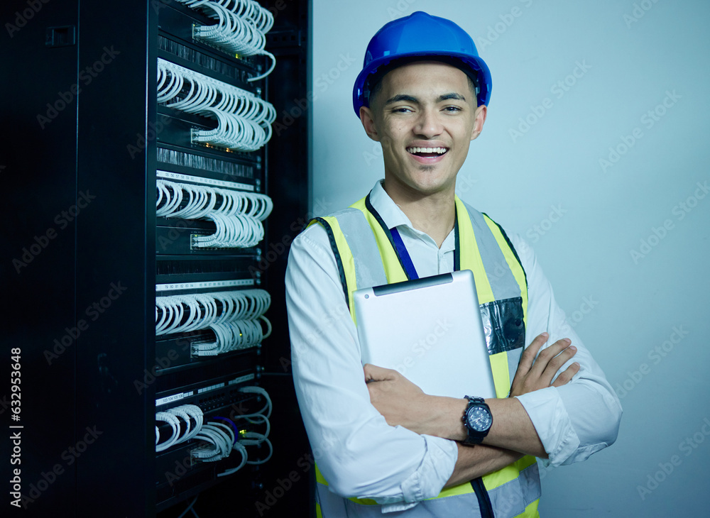 Engineering, portrait and man with tablet in server room for network maintenance, programming code o