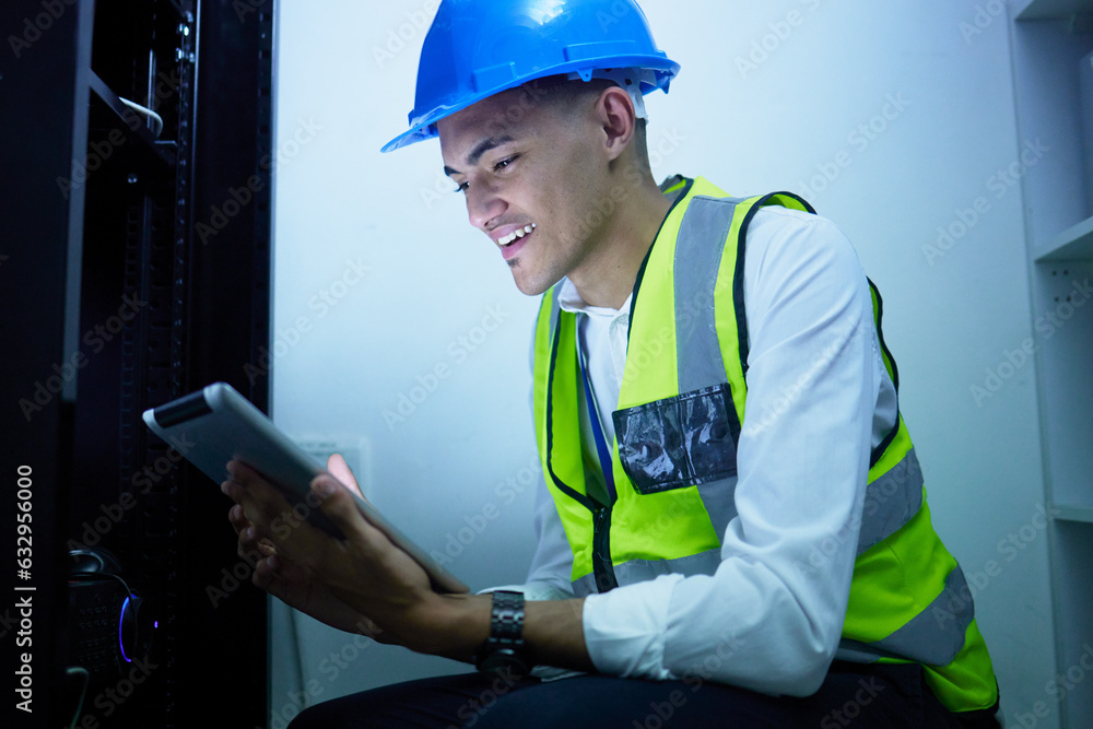 Happy man, tablet or server room technician, engineer and smile for data center connectivity, databa