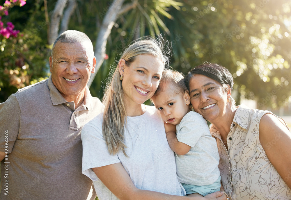 Portrait of baby, mom or grandparents in park for bonding with love, support or care in retirement. 