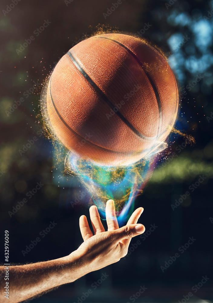 Person, hands and basketball in nature for sports game, match or art on the outdoor court. Man or pl