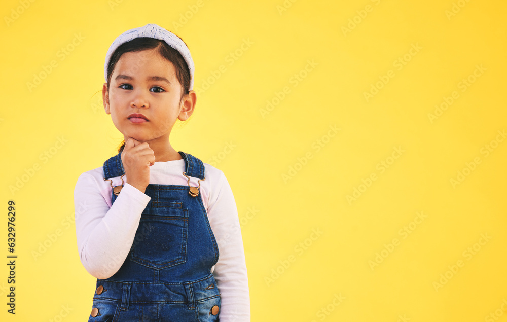 Girl child, studio portrait and space for thinking, promotion or mockup by yellow background. Young 