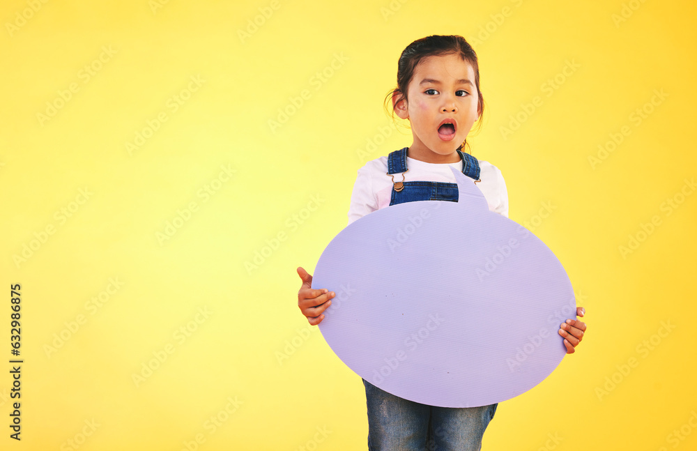 Girl kid, thinking and speech bubble in studio with wow, news and mockup space by yellow background.