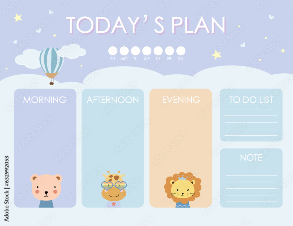 cute daily planner background with cloud,animal.Vector illustration for kid and baby.Editable elemen