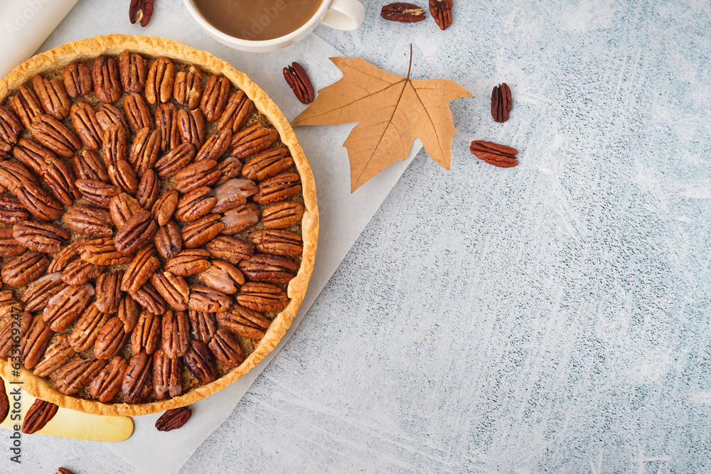 Tasty pecan pie on white background