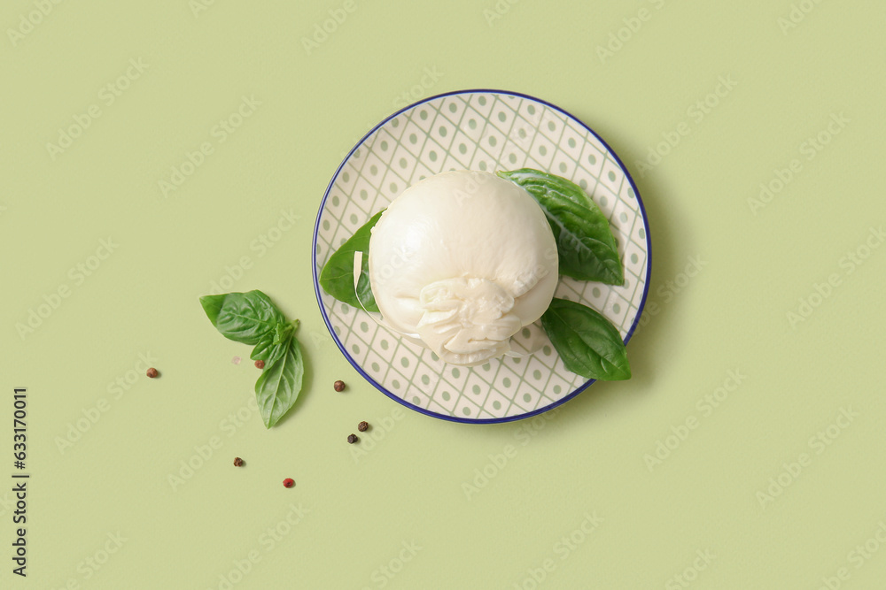 Plate of tasty Burrata cheese with basil on green background