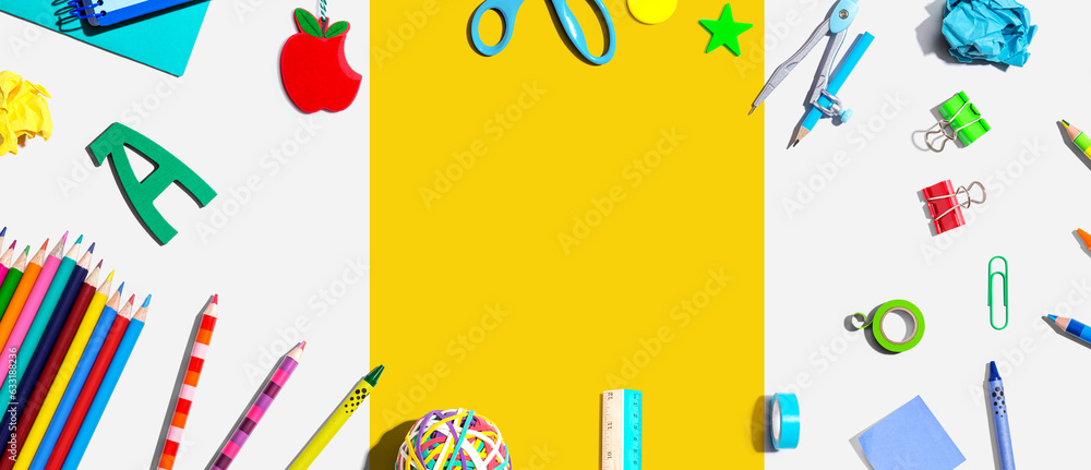 Collection of school supplies overhead view - flat lay