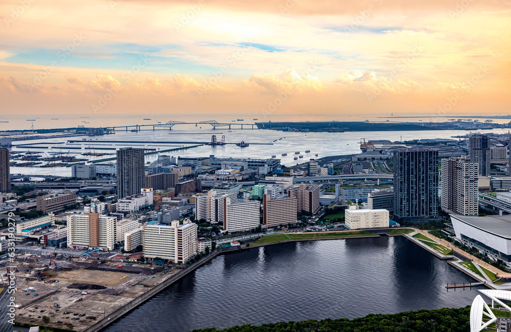 Aerial view of Odaiba Harbor in Minato City, Tokyo, Japan