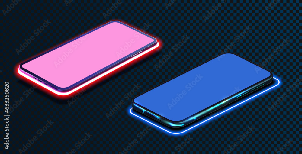 Mobile phone with neon light trail isolated on dark transparent background. Decorated with neon blue