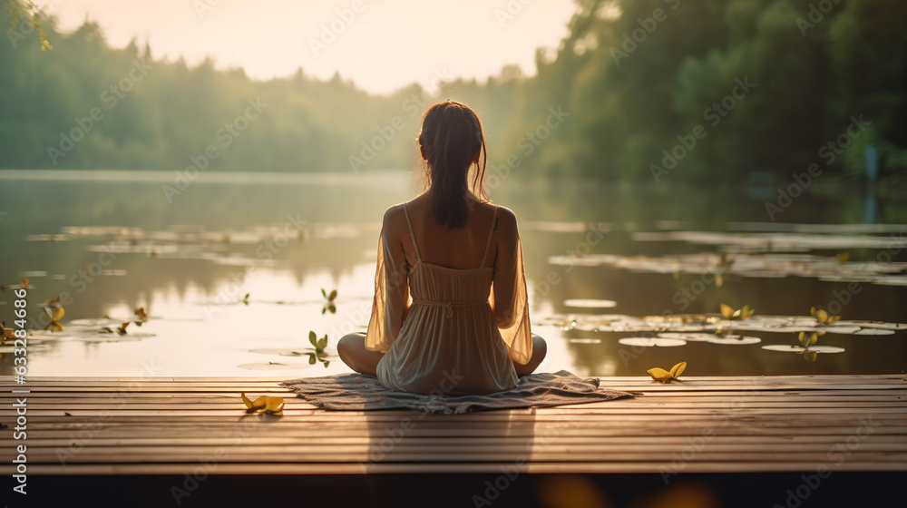 Young girl practice yoga on wooden pier with a view on lake and beautiful landscape. Generative AI