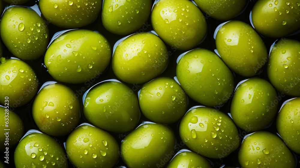 Fresh green olives with water drops background. Vegetables backdrop. Generative AI