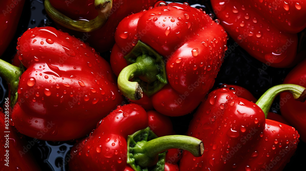 Fresh red bell peppers with water drops background. Vegetables backdrop. Generative AI