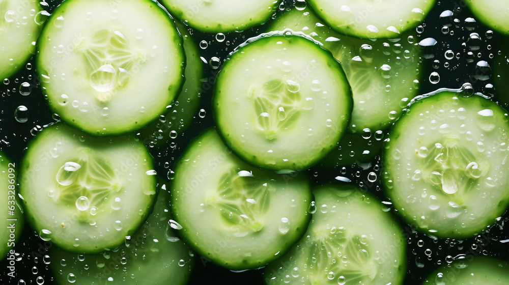 Fresh green cucumber slices with water drops background. Vegetables backdrop. Generative AI