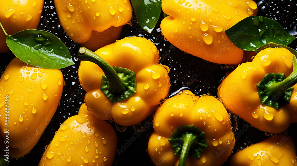 Fresh yellow bell peppers with water drops background. Vegetables backdrop. Generative AI