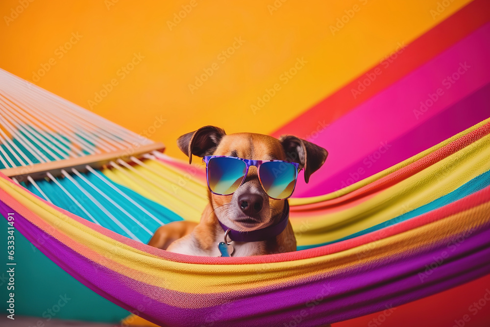 Dog in sunglasses in Hammock, yellow background