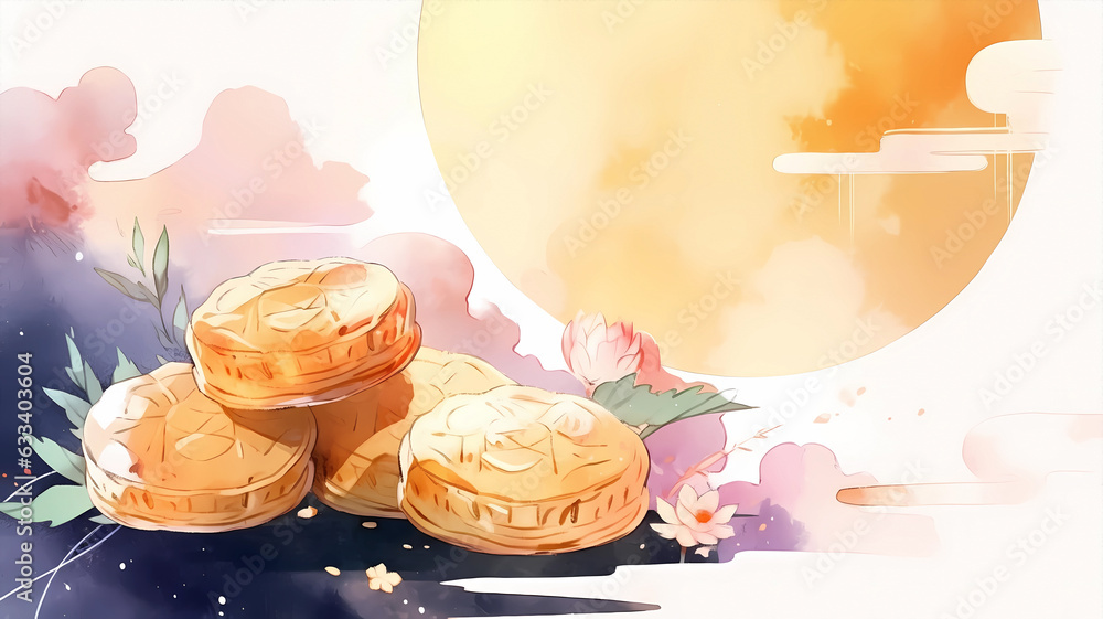 Hand-painted cartoon beautiful mid-autumn festival moon cake watercolor illustration 