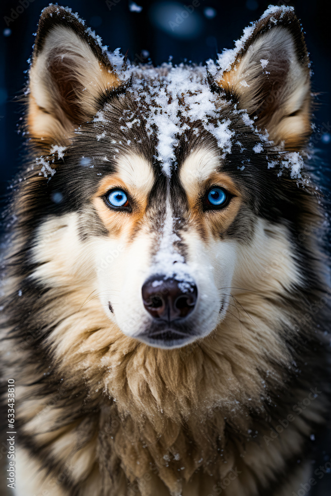 Close up of dog with blue eyes in the snow.