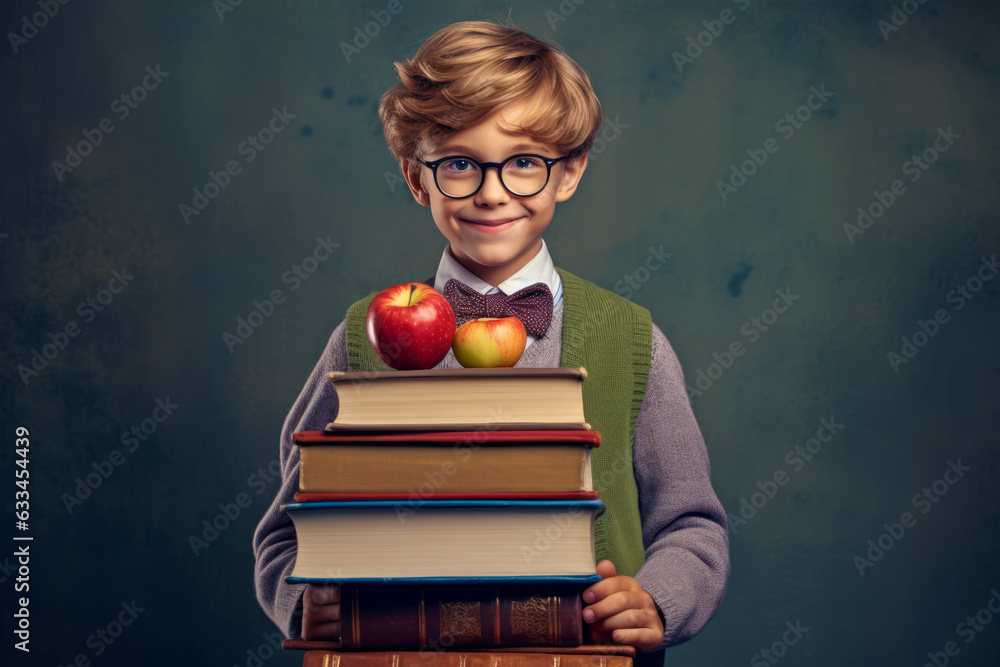 Young boy holding stack of books and apple on top of them.