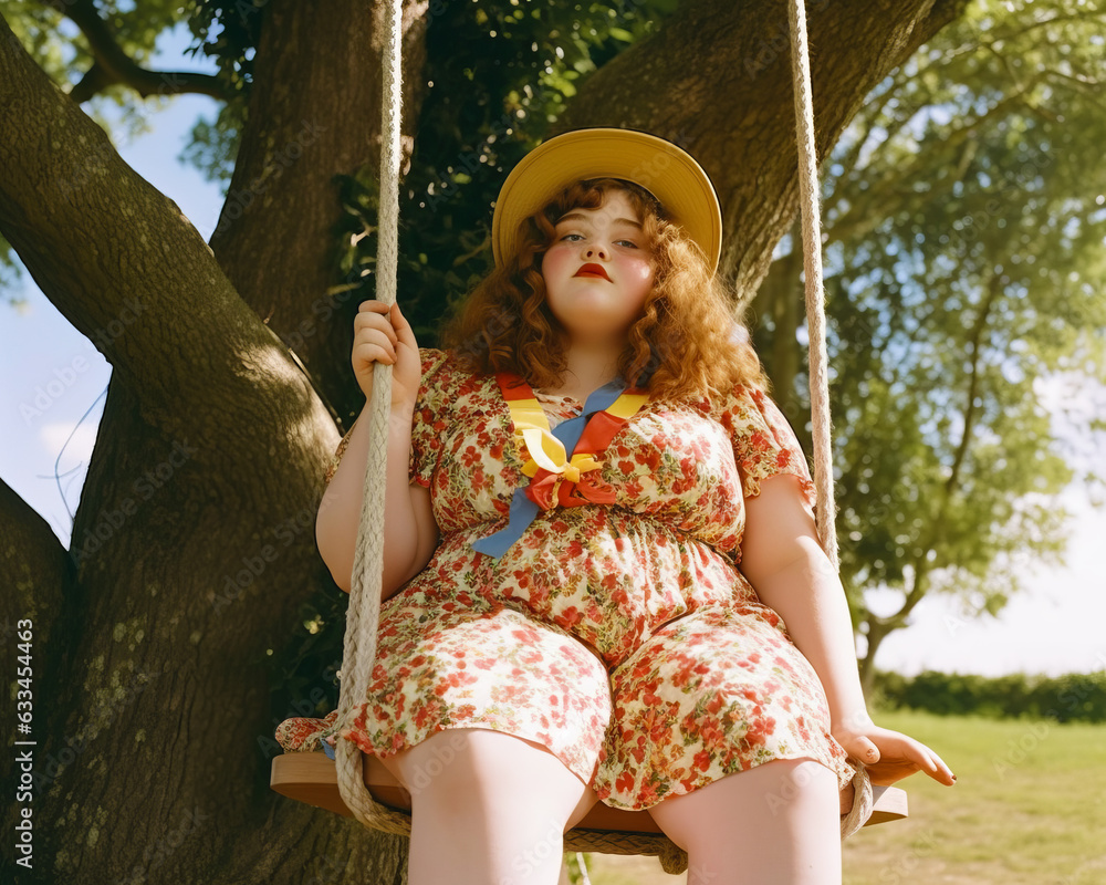 Woman in dress and hat sitting on swing in tree.