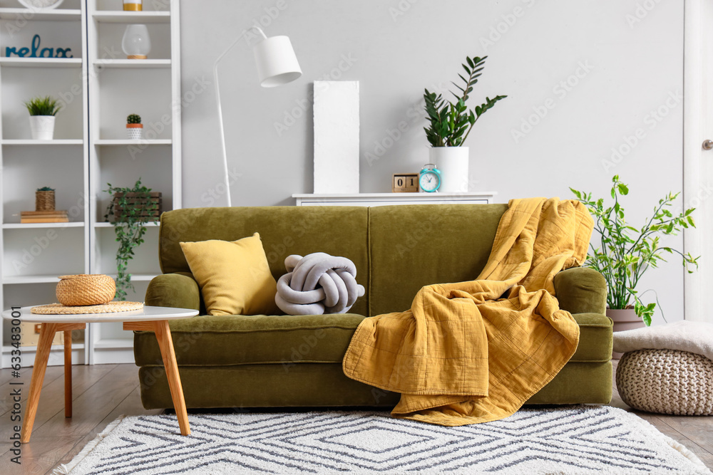 Cozy green sofa with soft blanket and cushions in interior of light living room