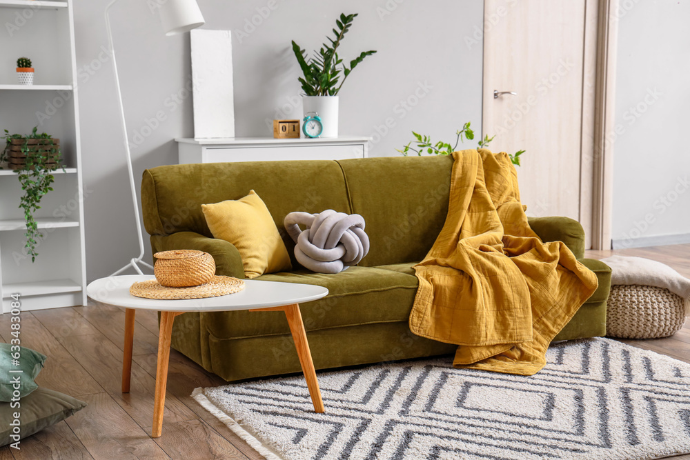 Cozy green sofa with soft blanket and cushions in interior of light living room