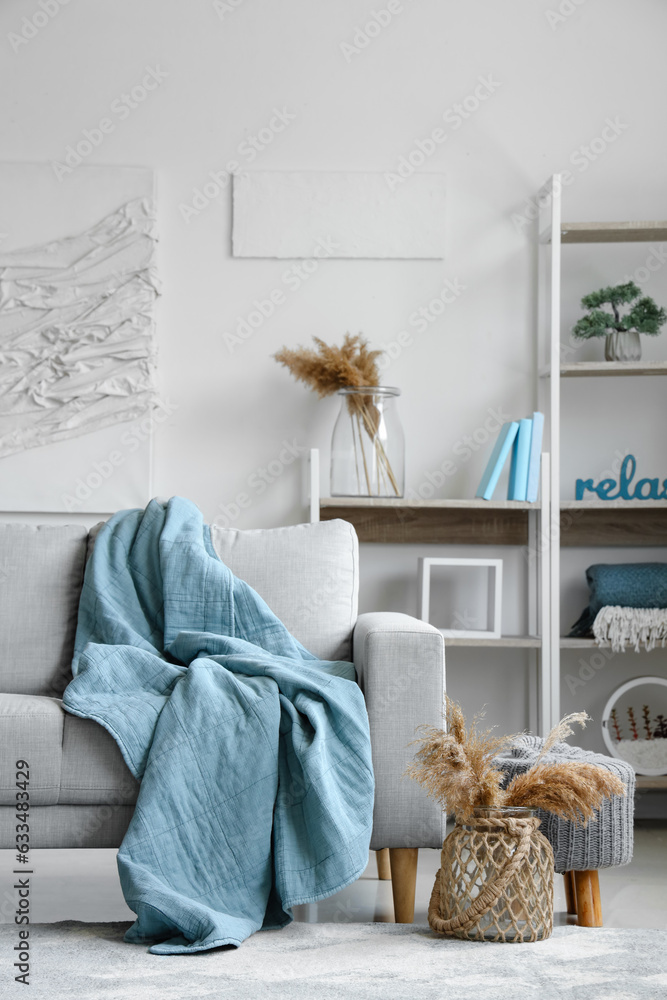 Cozy grey sofa with soft blanket, pouf and pampas grass in interior of light living room