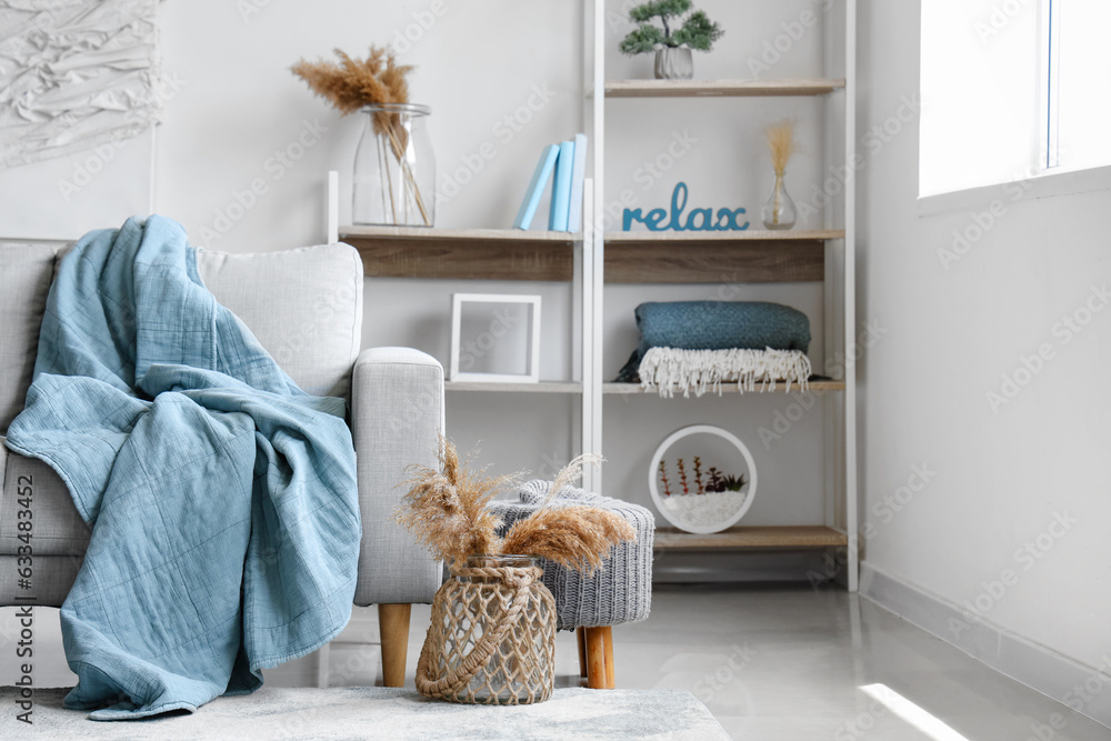 Cozy grey sofa with soft blanket, pouf and pampas grass in interior of light living room