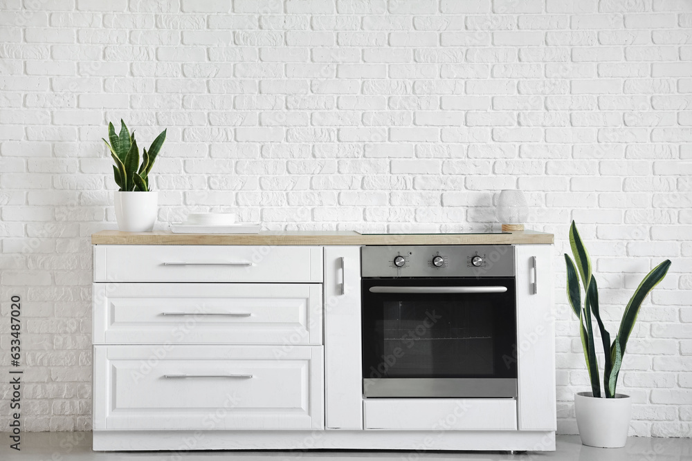 Interior of modern kitchen with white counters, oven, clean dishes and houseplants