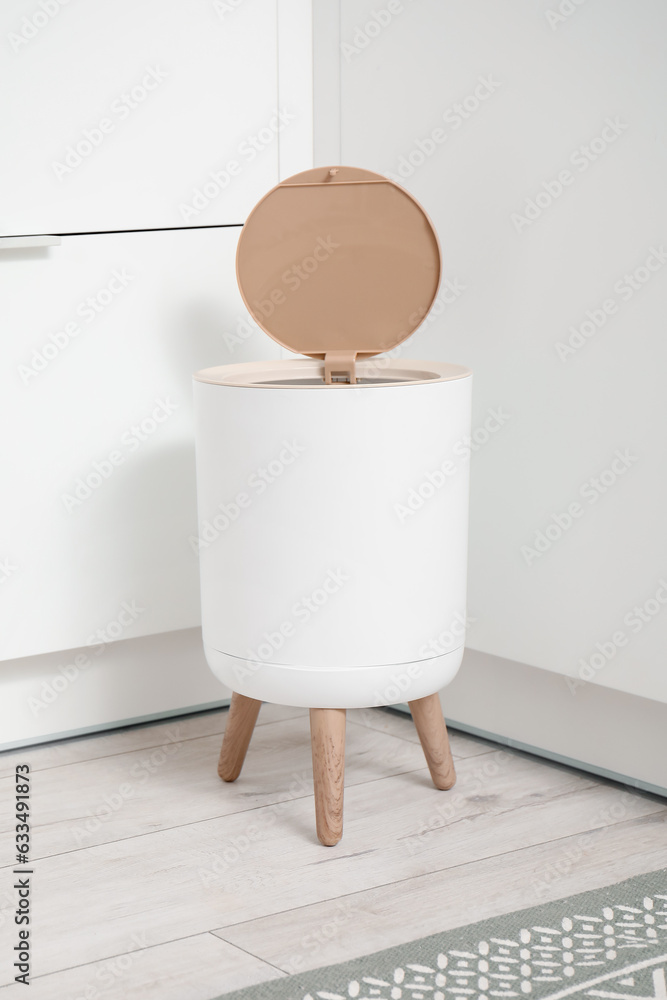 Trash bin and stylish rug on floor in kitchen, closeup