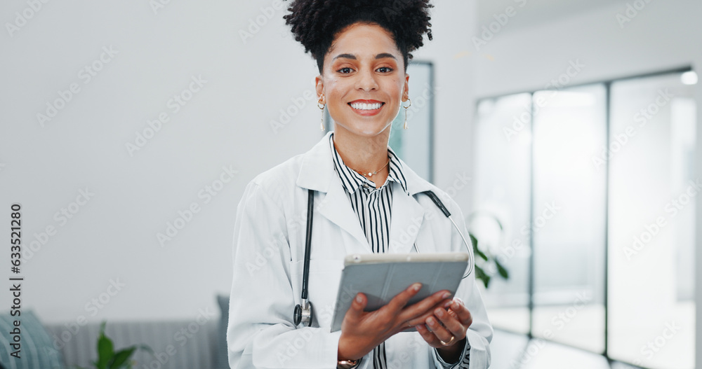 Face of happy woman doctor on tablet for medical research, hospital management and telehealth servic