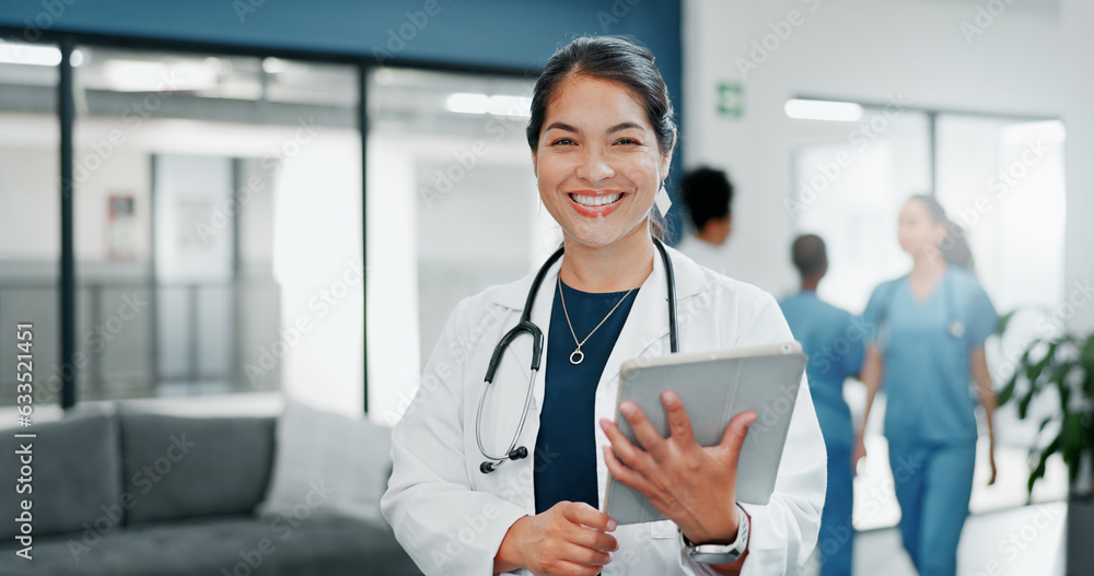 Happy woman or doctor face in busy hospital with tablet for healthcare services, leadership and care