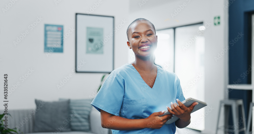 Happy woman or black doctor face in busy hospital with tablet for healthcare services, leadership an