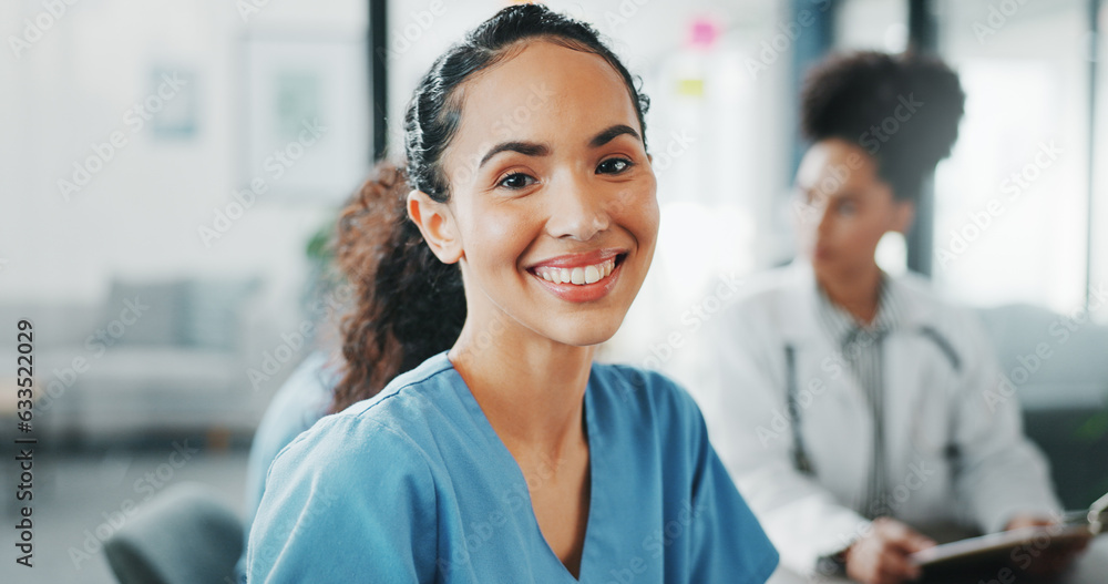 Worker, face or nurse in hospital meeting for medical student, life insurance medicine or treatment 