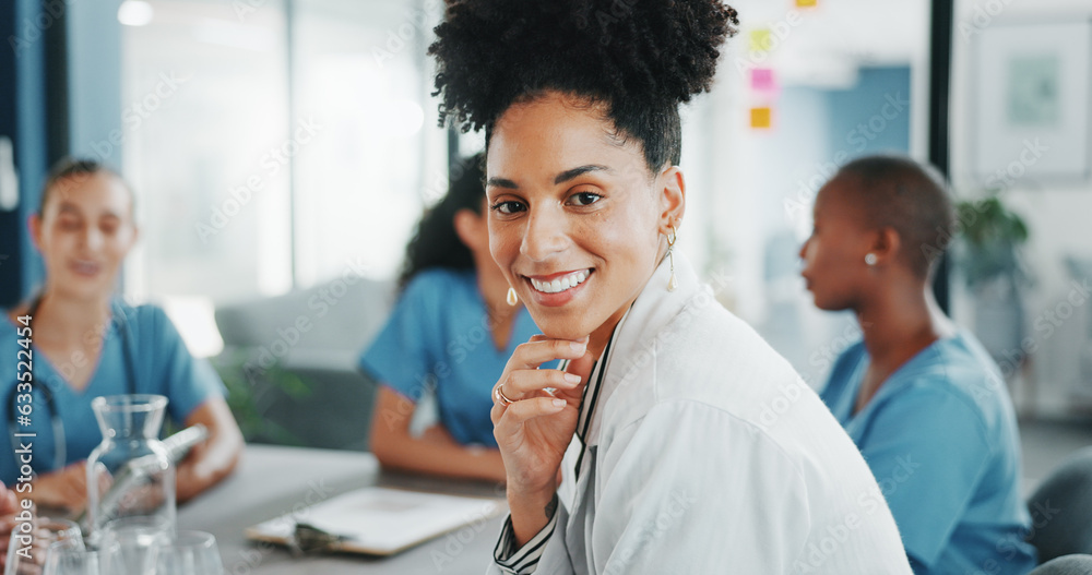 Woman, face or doctor in teamwork meeting, medical leadership or life insurance planning in hospital