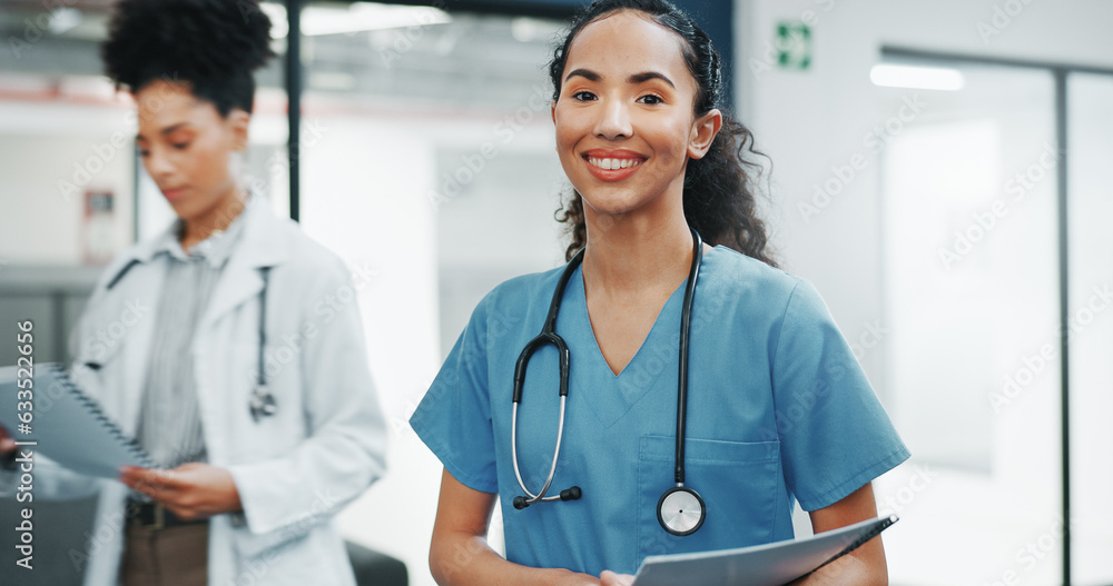 Proud face of woman doctor in busy hospital for healthcare services, leadership and happy career min