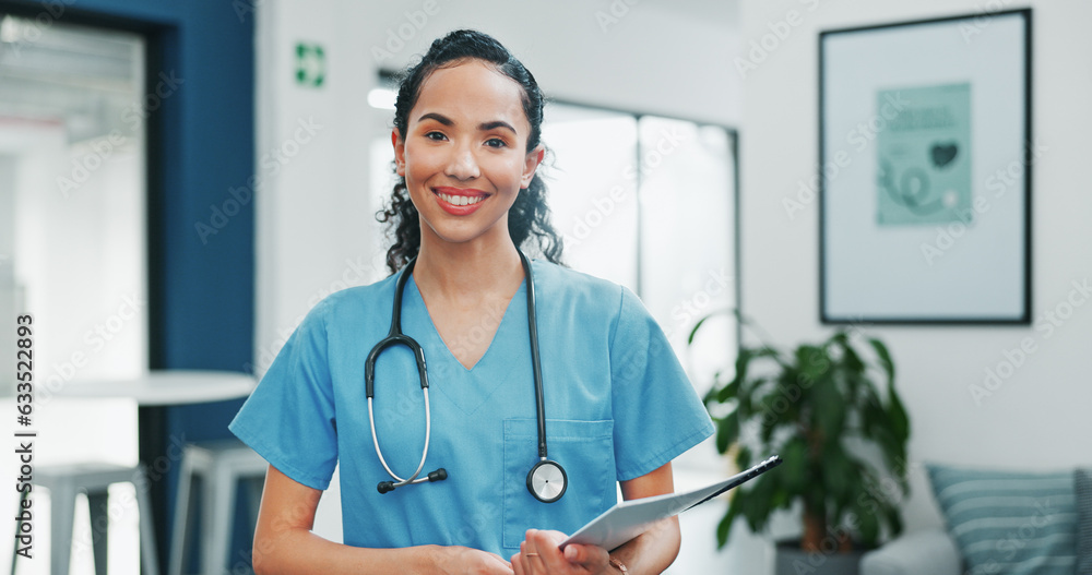 Proud face of woman doctor in busy hospital for healthcare services, leadership and happy career min