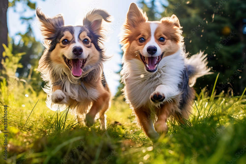 two small happy dogs playing together outdoors