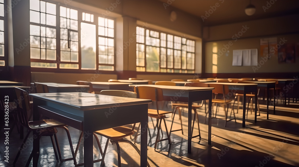 Empty school classroom without young student. Blurry view of elementary class room no kid or teacher