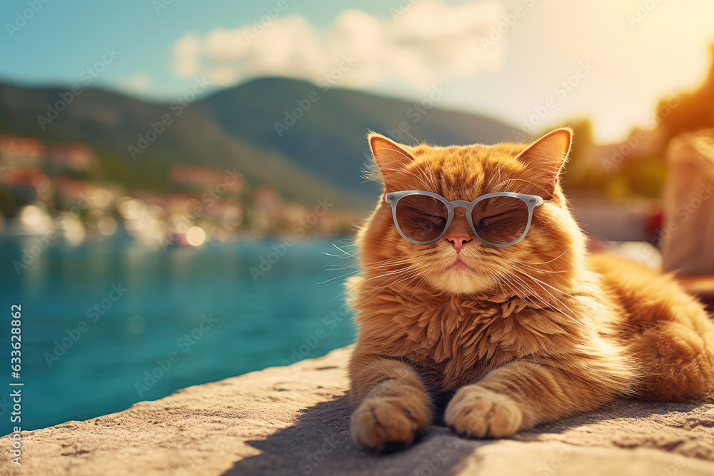 Beautiful Cute Funny Cat with Sunglasses on a Sand Beach extreme closeup. Generative AI