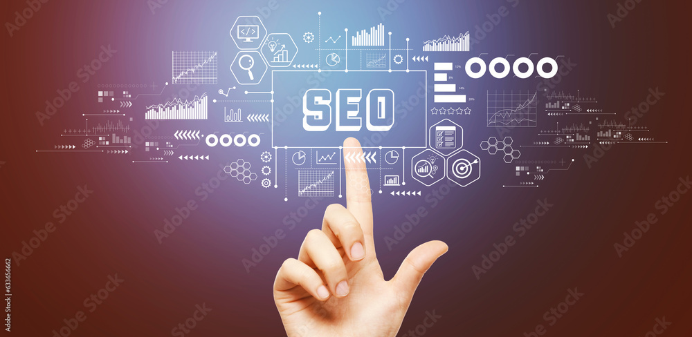 SEO - Search Engine Optimization theme with hand pressing a button on a technology screen