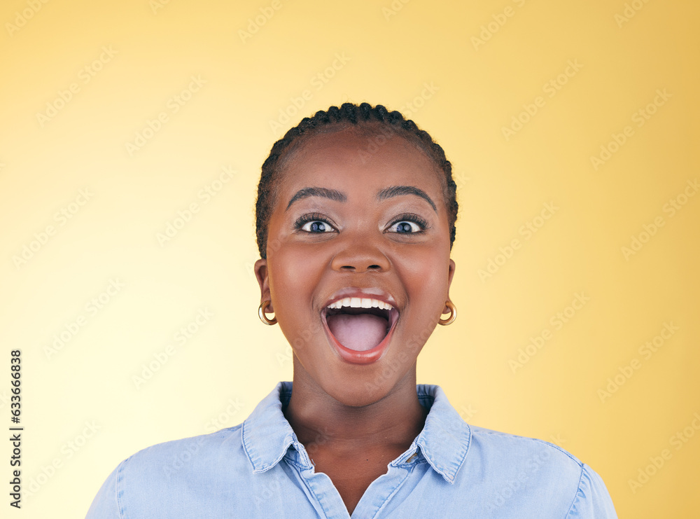 Surprise, wow or portrait of excited black woman on yellow background with smile for discount deal i