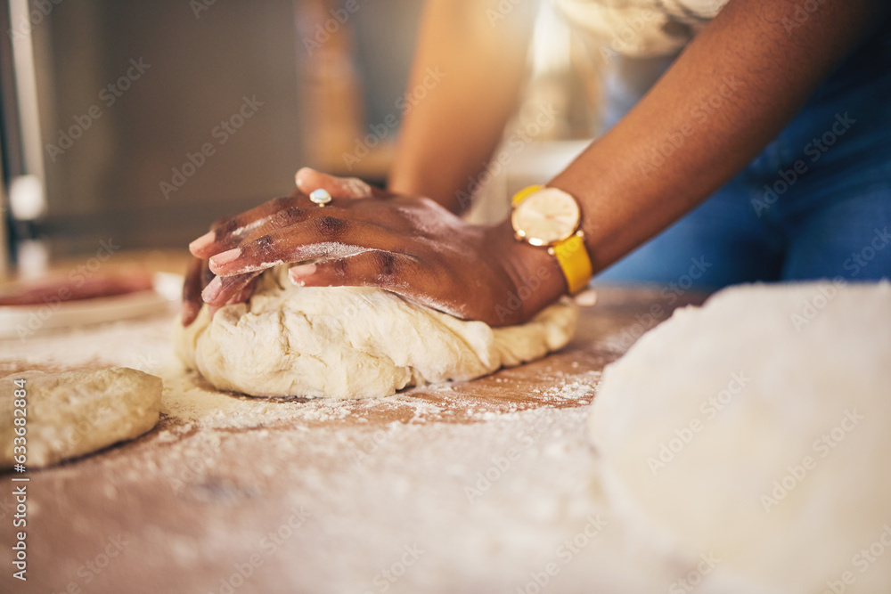 Baking, hands and woman in a kitchen for bread, pizza or handmade food at home. Wheat, mix and femal