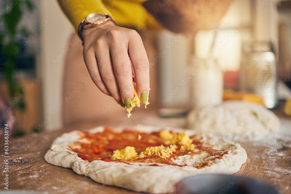 Hand, cheese and pizza for cooking, closeup and ready for food, restaurant or fast food with skill i