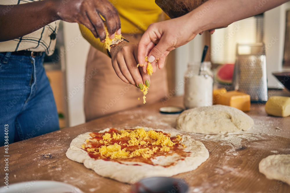 Hands, cheese and pizza for cooking, together and ready for fast food, restaurant or helping with sk