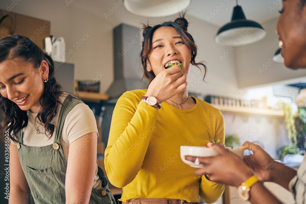 Women, friends and eating healthy food in home for bonding, nutrition and happy lunch together. Frui