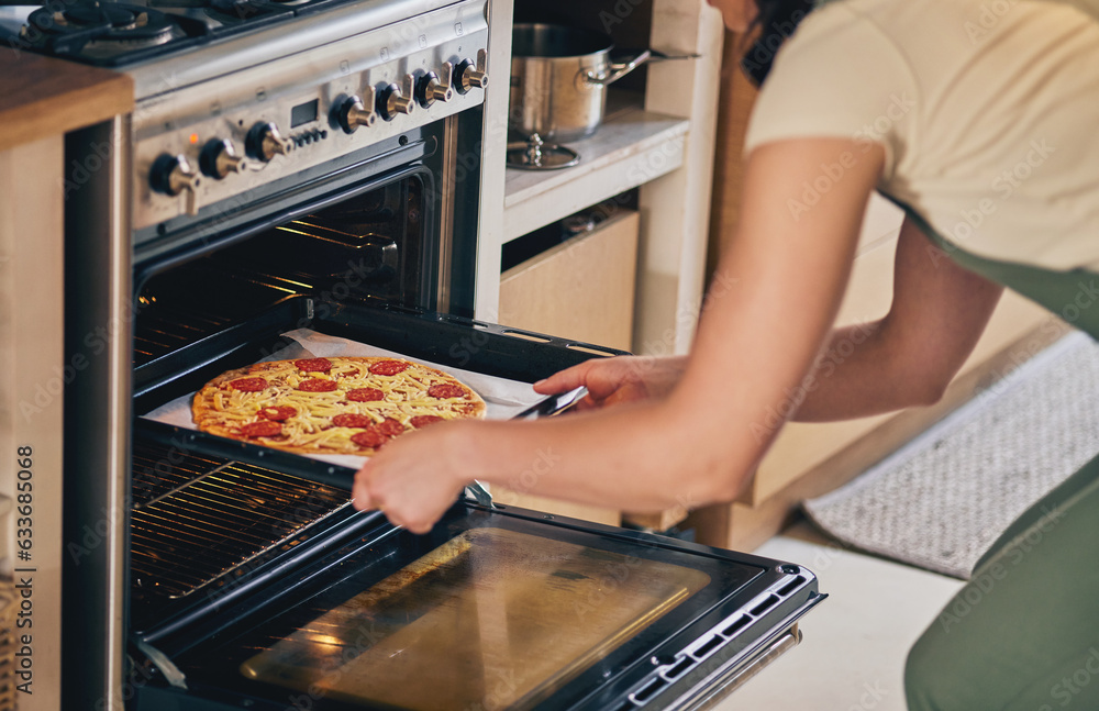 Hands, open oven and pizza baker for food, restaurant and fast food with skill in home kitchen for b